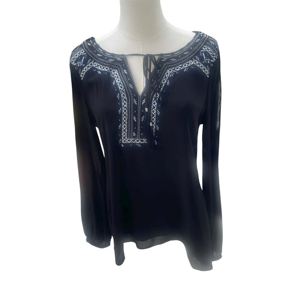 White House Black Market High/Low Embroidered Black Blouse Sz 4